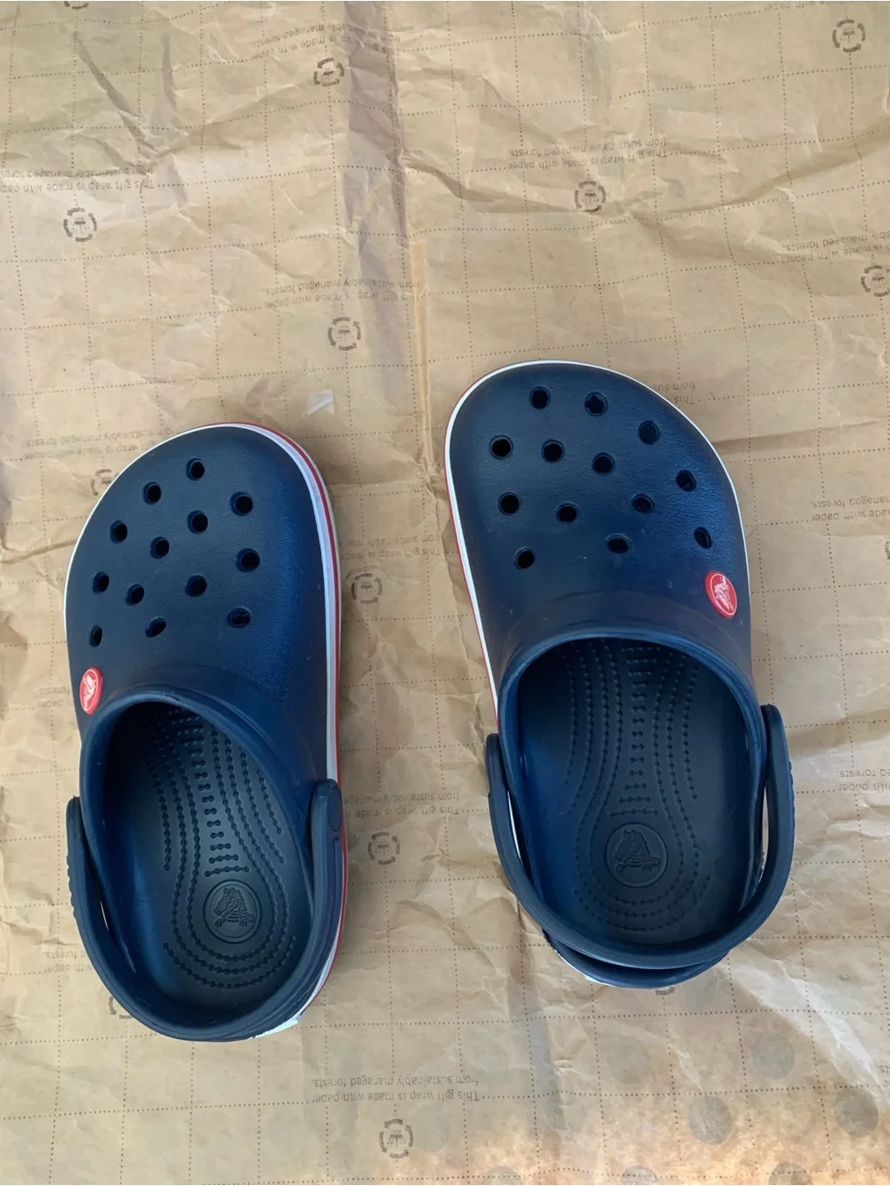Youth Navy Crocs Clogs with Red Trim - Lightweight Kids Shoes